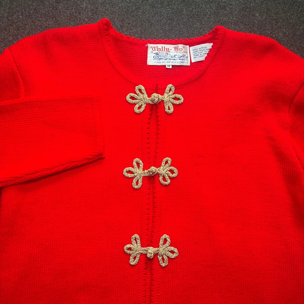 Tally-Ho Cardigan Sweater Womens M Red Gold Frog Closures Knit Vintage